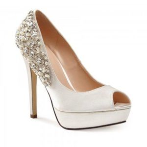 FSJ Ivory Satin Bridal Heels Rhinestone Peep Toe